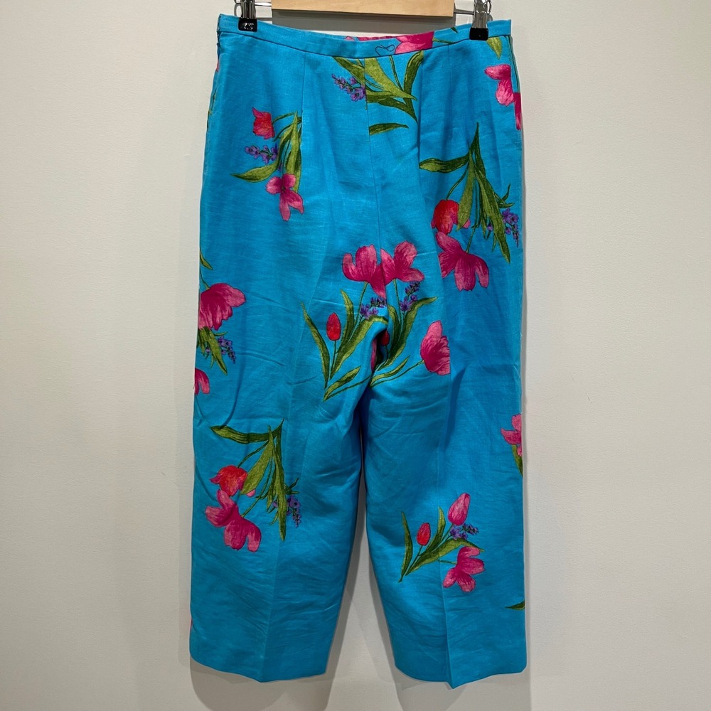 Vtg Talbots Pants Womens Sz 8 Blue Floral Linen Wide Leg Cottage Resort Coastal - Picture 3 of 9
